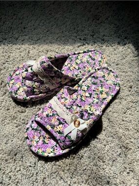 Floral Purple House Slide Slippers with Bow Accent